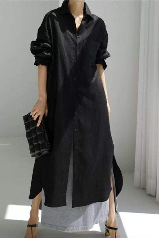 Damen Oversize-Leinen-Hemdmaxikleid mit Stehkragen, Krempelärmeln und hohen Seitenschlitzen Shop Nory
