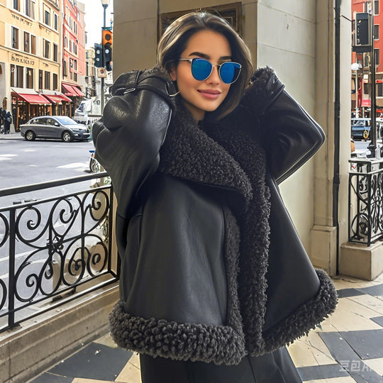 Damen Kurz geschnittene Aviator-Lederjacke mit Teddyfutter, großem Kragen und Oversize-Silhouette Shop Nory