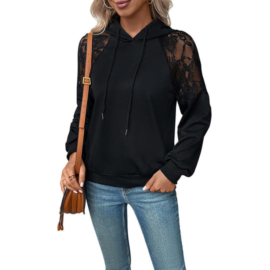 Damen Kapuzenpullover mit Spitzen-Schultereinsatz, Raglanärmeln und legerer Passform Shop Nory