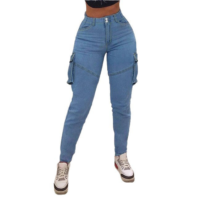 Damen taillenhohe Cargo-Slim-Jeans mit seitlichen Klappentaschen und tapered Bein Shop Nory