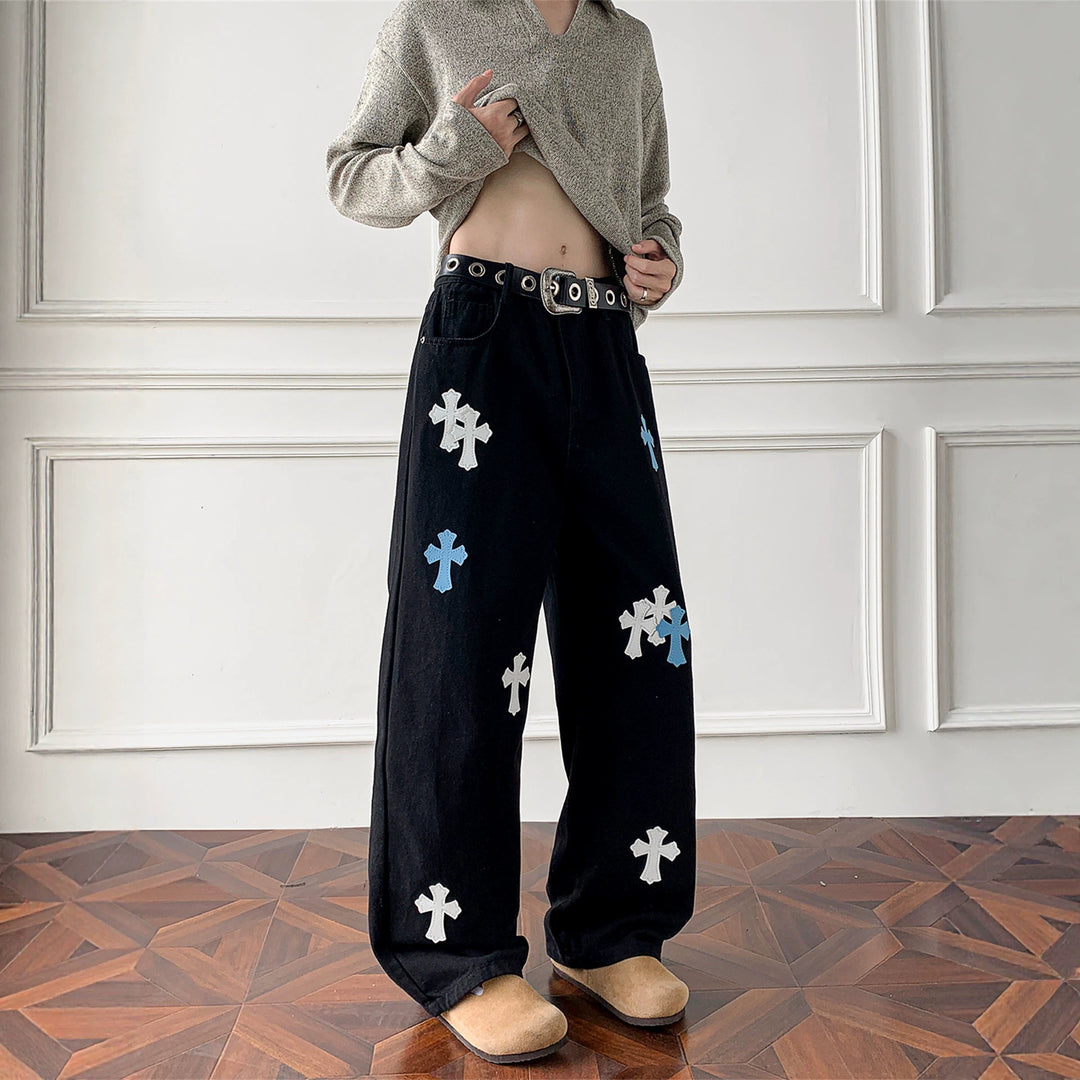 Damen Weitgeschnittene Denim-Hose mit kreativem Kreuzdesign Shop Nory