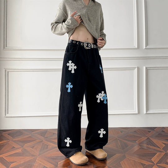 Damen Weitgeschnittene Denim-Hose mit kreativem Kreuzdesign Shop Nory