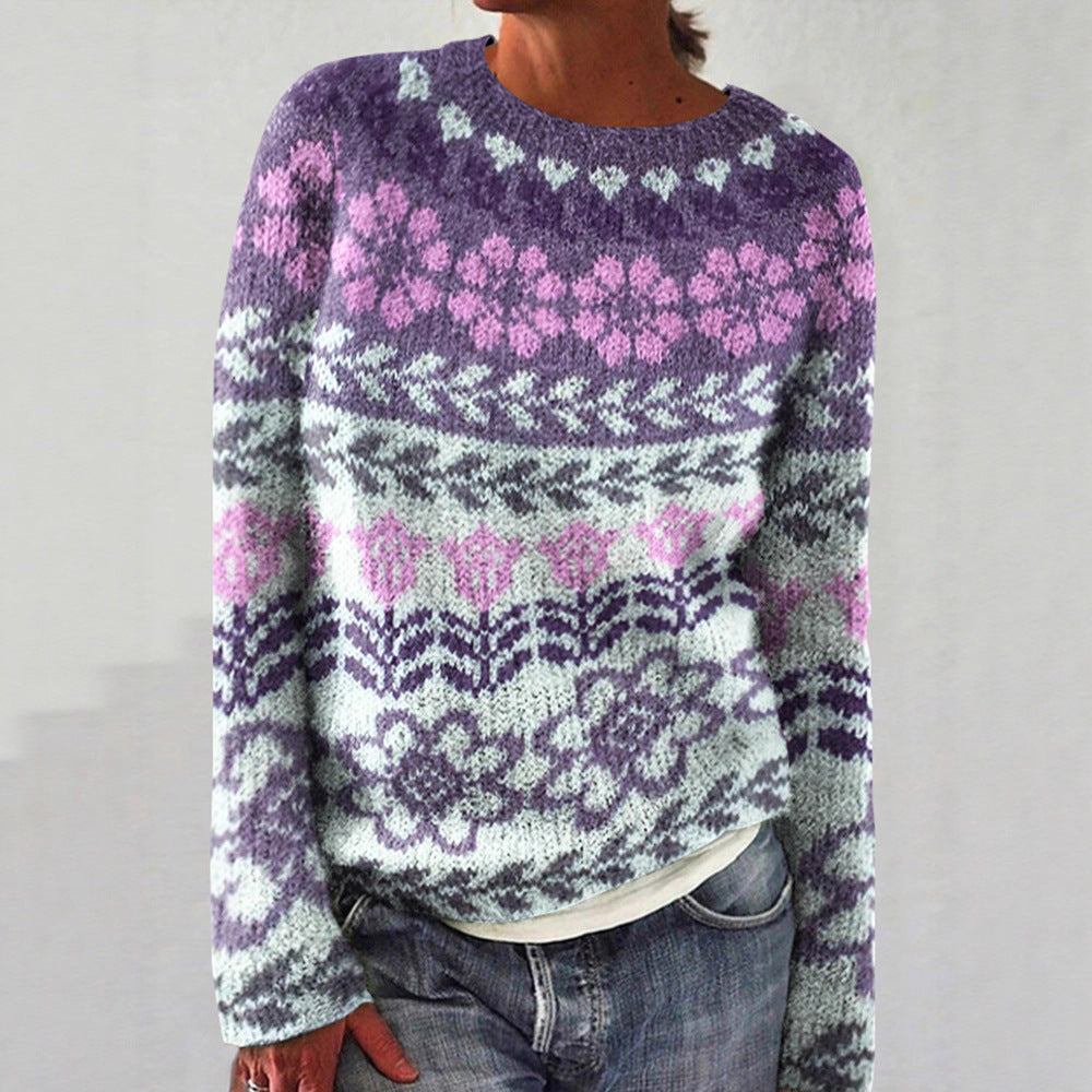 Damen nan melierter Rundhalsausschnittpullover mit kreisförmigem Jacquard-Yoke und geripptem Saum Shop Nory
