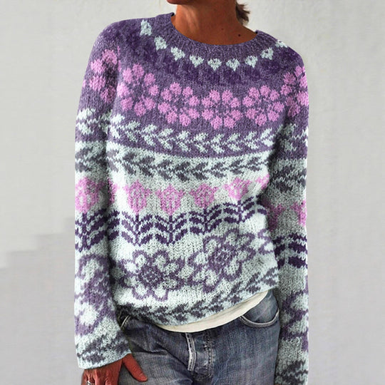 Damen nan melierter Rundhalsausschnittpullover mit kreisförmigem Jacquard-Yoke und geripptem Saum Shop Nory
