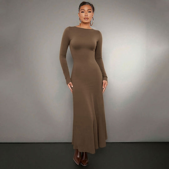 Damen figurbetontes Maxikleid mit U-Boot-Ausschnitt langem Ärmel und schmeichelndem Trompetensaum Shop Nory