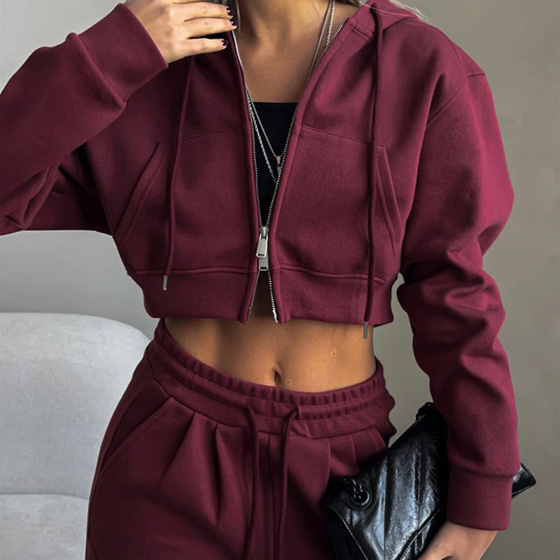 Damen stylisches Crop-Set aus Kapuzenpullover und bequemen Jogginghosen