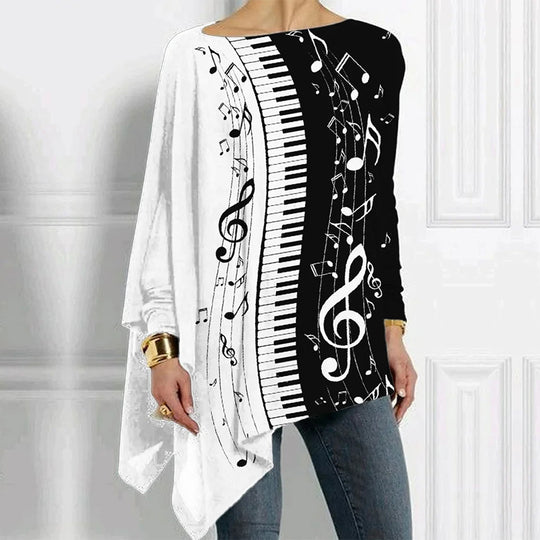 Damen Asymmetrisches Musikprint-Longsleeve mit Klavier- und Notenmotiv Shop Nory