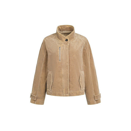 Damen Kurz geschnittene Cordjacke im Boxy‑Cut mit Stehkragen, Reißverschluss-Brusttasche und verstellbaren Manschetten Shop Nory