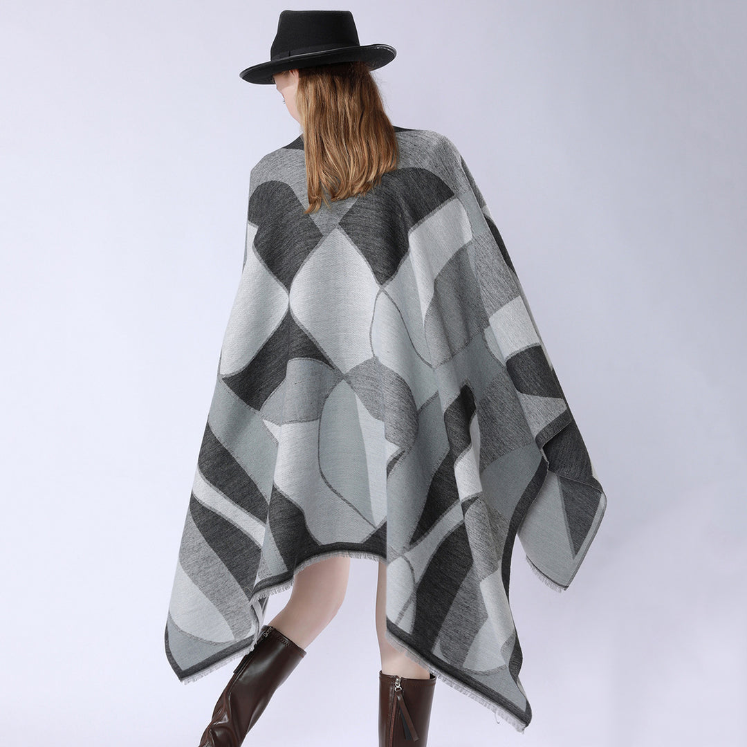 Damen Oversize-Poncho mit V-Ausschnitt und geometrischem Jacquard-Design Shop Nory