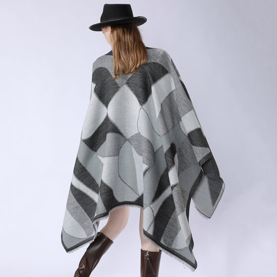Damen Oversize-Poncho mit V-Ausschnitt und geometrischem Jacquard-Design Shop Nory