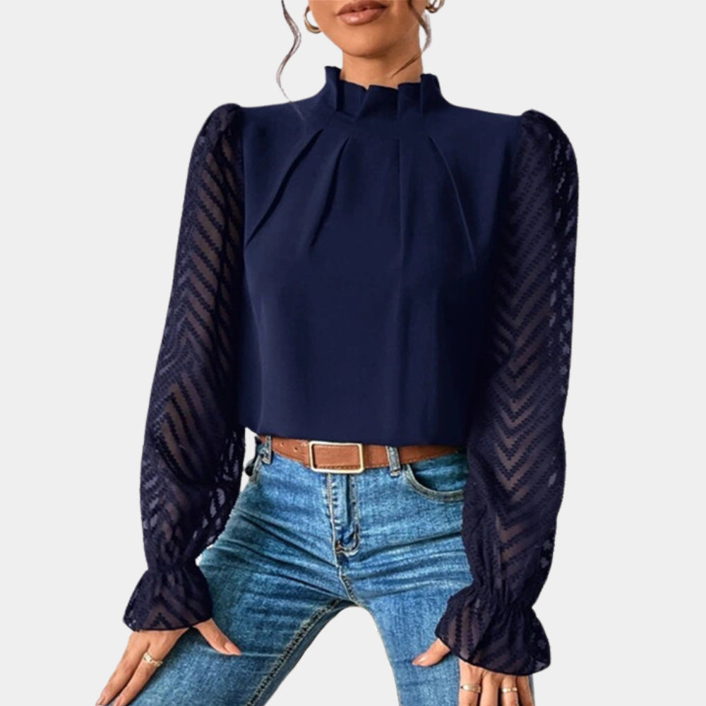 Damen Elegante Chiffonbluse mit Stehkragen, Faltenkante und transparenten Jacquard-Ärmeln Shop Nory