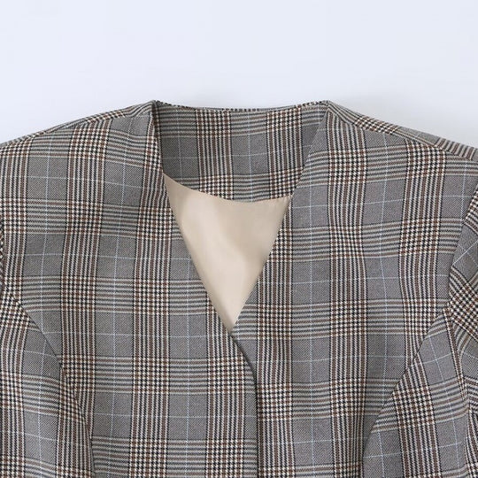 Damen Taillierte Glencheck-Blazerjacke mit V-Ausschnitt und Bindegürtel Shop Nory