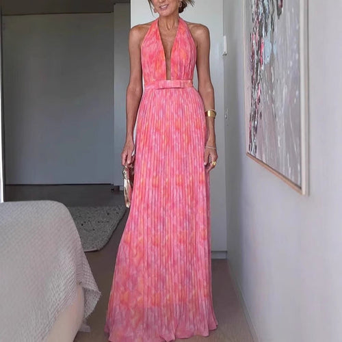 Damen Plissiertes Maxikleid mit tiefem Ausschnitt und elegantem Gürtel