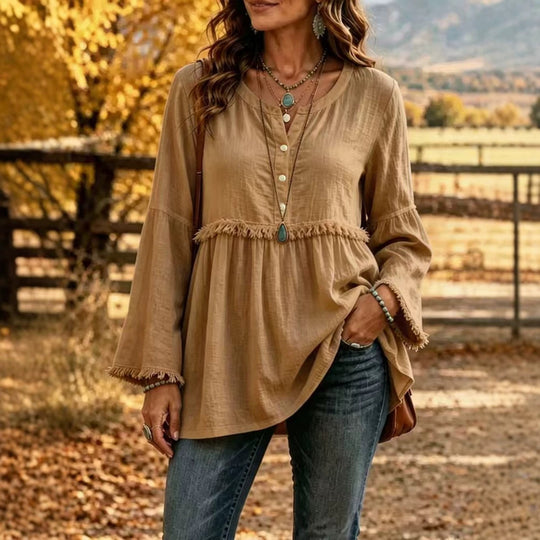 Damen Fransen-Tunika-Bluse mit V-Ausschnitt und Glockenärmeln Shop Nory