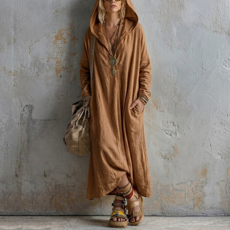 Damen Langes Kapuzenkleid im Boho-Look mit V-Ausschnitt, Eingrifftaschen und lockerem Fall Shop Nory