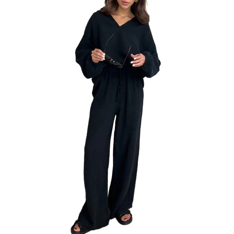 Damen Leichtes Crinkle-Lounge-Set mit V-Ausschnitt und weiter High-Waist-Hose Shop Nory