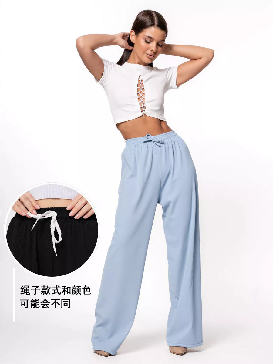 Damen weite hochgeschnittene Loungehose mit elastischem Bund und Kordelzug Shop Nory