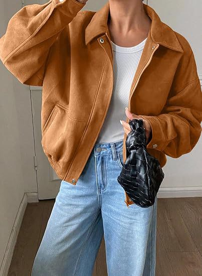 Damen Kurz geschnittene Oversize Bomberjacke mit Reißverschluss und Hemdkragen Shop Nory