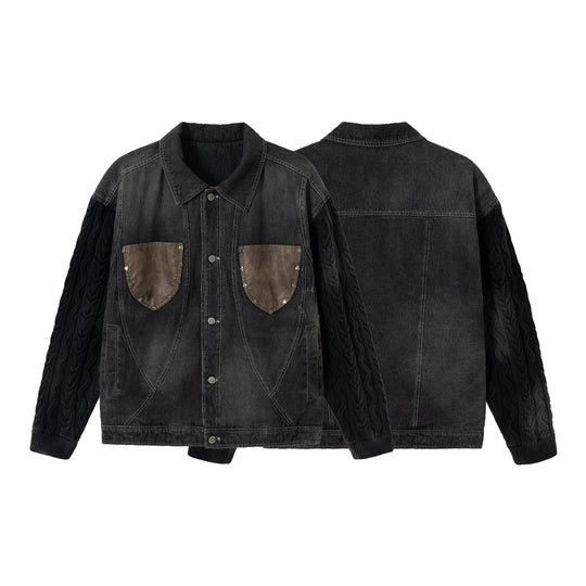 Herren Jeansjacke mit aufgesetzten Lederbrusttaschen und Zopfmusterstrickärmeln Shop Nory