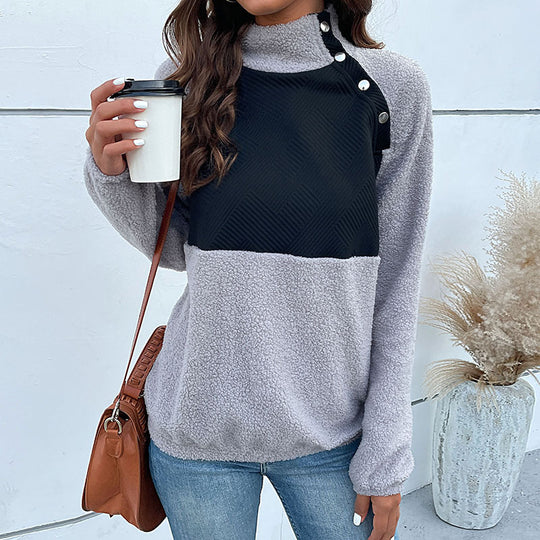 Damen Kuscheliger Teddy-Fleece-Pullover mit Stehkragen und Druckknopfleiste Shop Nory