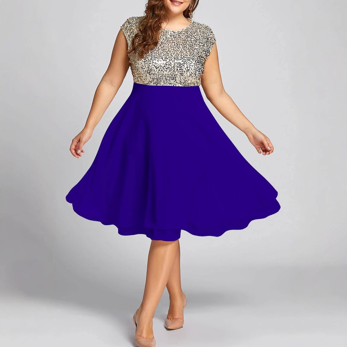 Damen Elegantes Cocktailkleid mit schimmerndem Oberteil und schwingendem Rock Shopnory