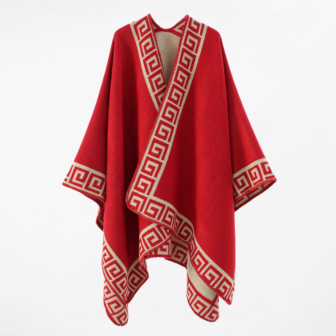 Damen Cape‑Poncho mit Mäander‑Bordüre und Wollmix‑Qualität Shop Nory