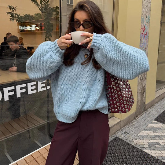 Damen Oversize Grobstrick-Pullover mit Ballonärmeln und breitem Rippenkragen Shop Nory