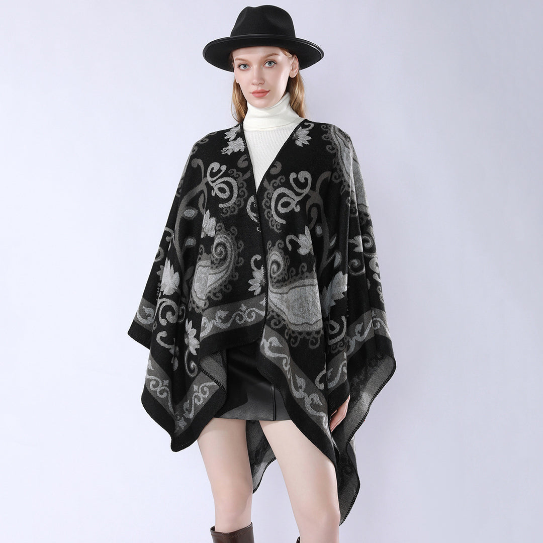 Damen Wollmix-Poncho-Umhang mit Paisley-Jacquard und Ziernaht Shop Nory