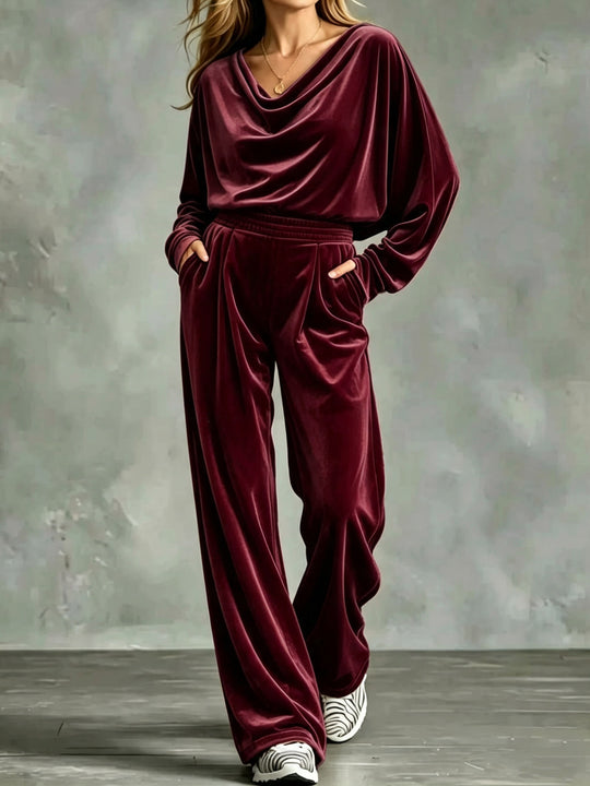 Damen Samt-Loungewear-Set mit Wasserfallkragen, weitem Palazzo-Schnitt und Eingrifftaschen Shop Nory