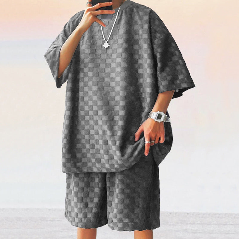 Unisex nan übergroßes Freizeit-Set aus strukturierter Waffelqualität mit Rundhalsausschnitt und locker sitzender Bermudashorts