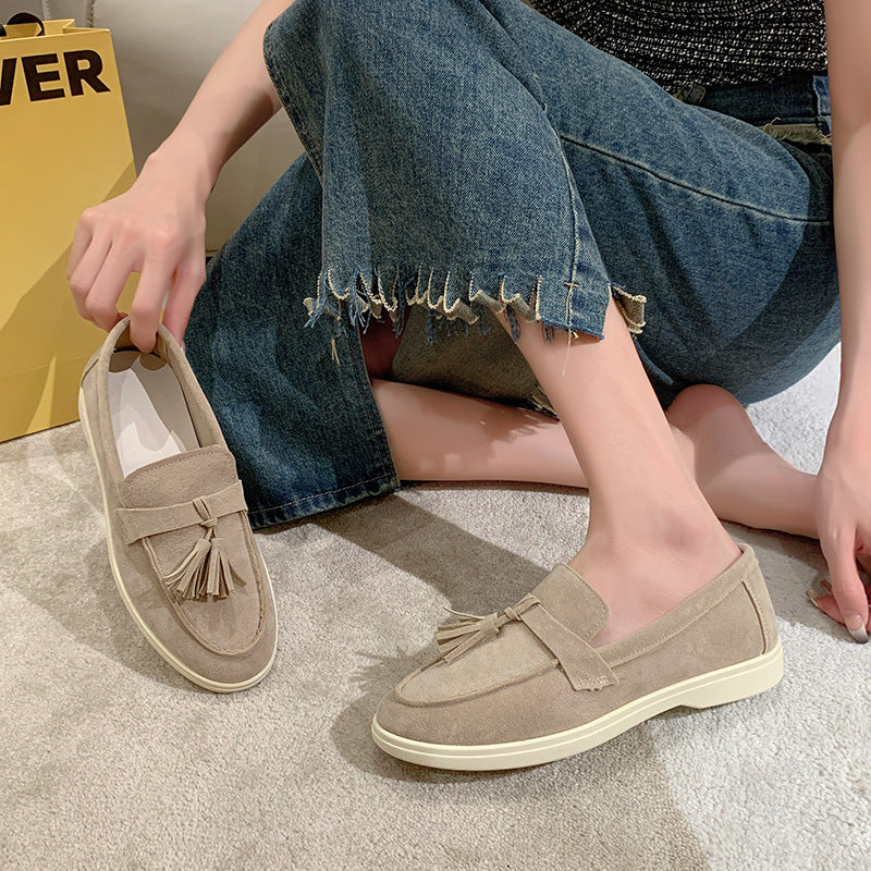 Damen Slipper mit Quasten aus Veloursleder und rutschfester Gummisohle Shop Nory