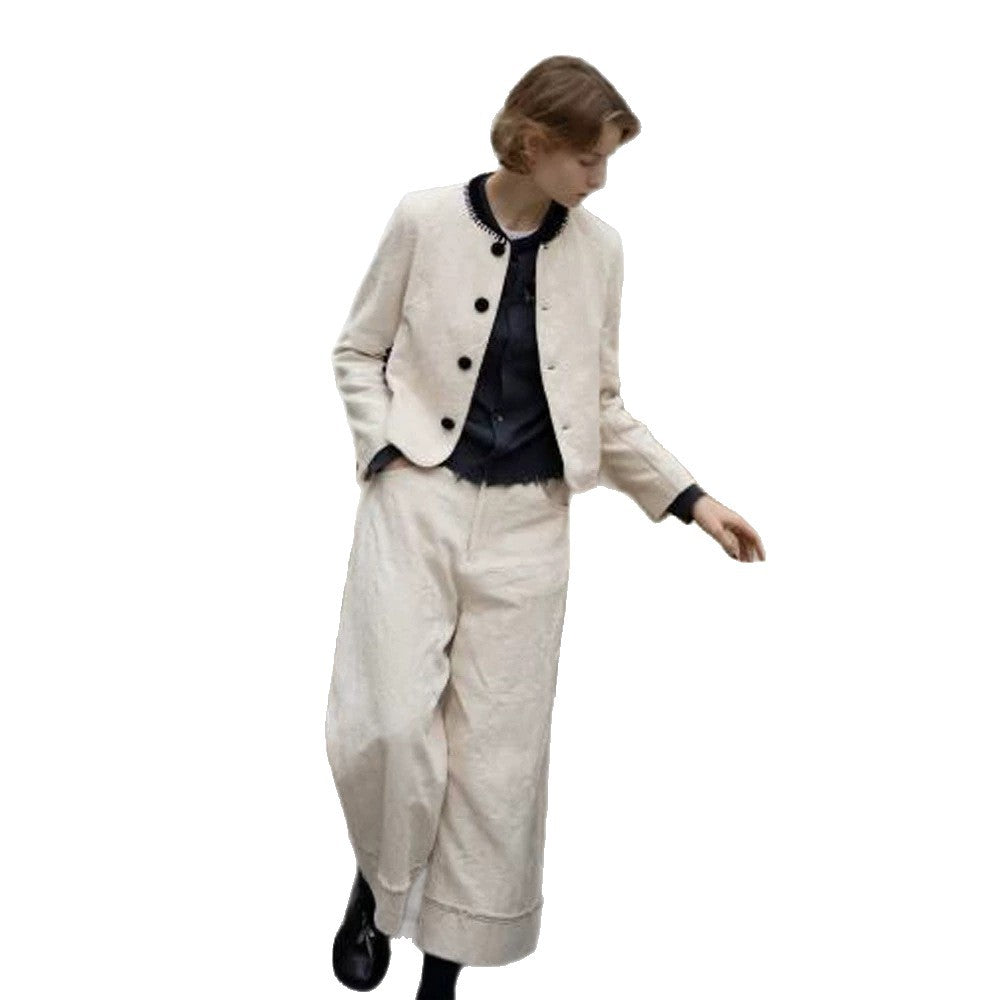 Damen Zweiteiliges Bouclé-Set mit Kurzjacke, kontrastiertem Rundhalsausschnitt und weitem Culotte-Hosenbein Shop Nory