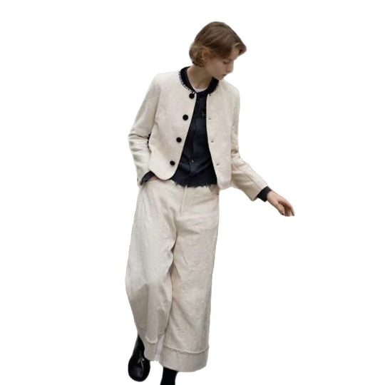 Damen Zweiteiliges Bouclé-Set mit Kurzjacke, kontrastiertem Rundhalsausschnitt und weitem Culotte-Hosenbein Shop Nory