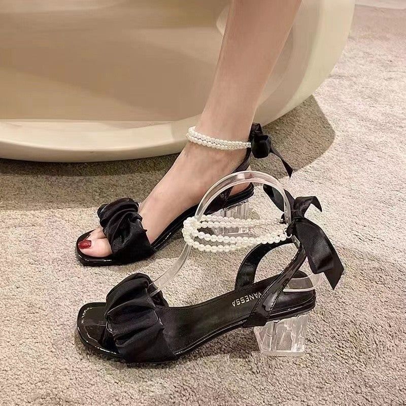 Damen Offene Riemchensandalen mit Perlenbesatz, Rüschenfront und transparentem Blockabsatz Shop Nory