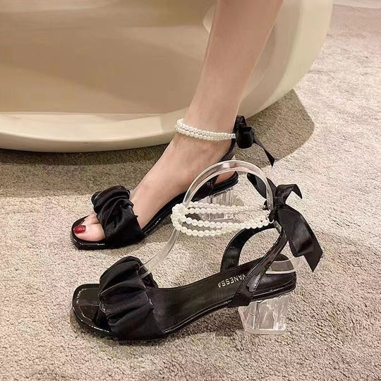 Damen Offene Riemchensandalen mit Perlenbesatz, Rüschenfront und transparentem Blockabsatz Shop Nory