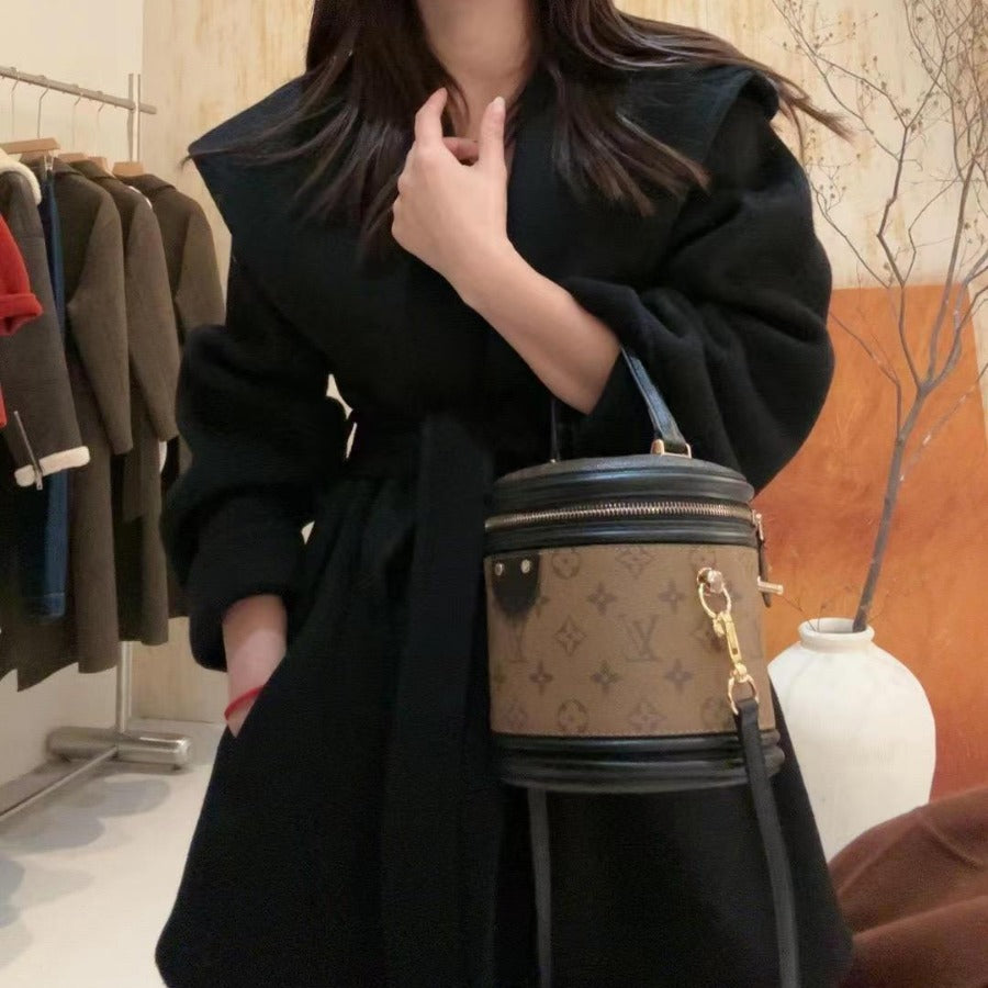 Damen Kurzer Wollmantel mit Taillengürtel und Oversize-Ärmeln Shop Nory