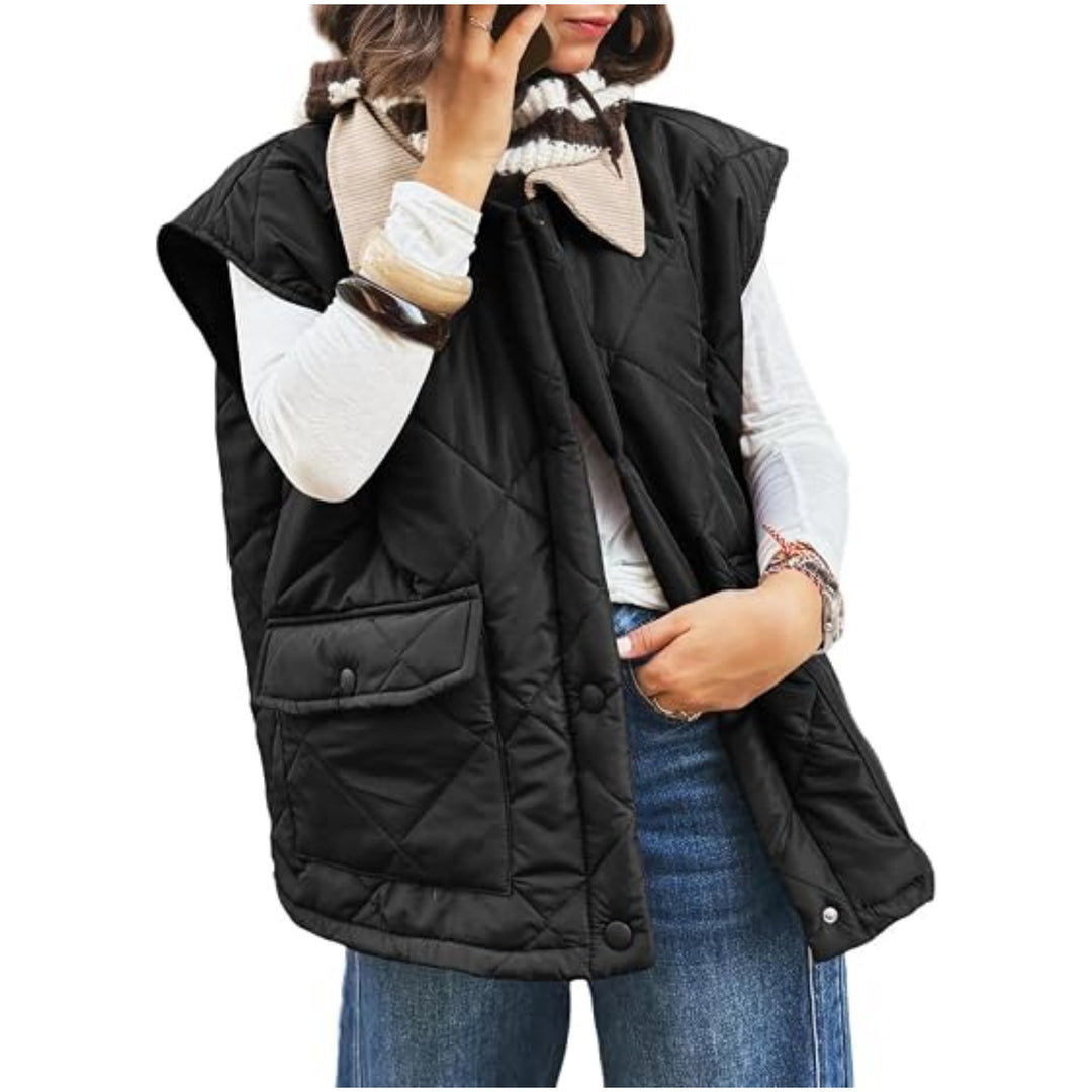 Damen Oversize Steppweste mit Druckknopf-Taschen und hohem Kragen Shop Nory