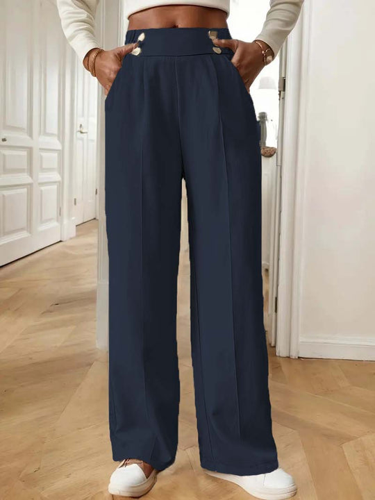 Damen Hochtaillierte Weite Palazzo‑Hose mit Bundknöpfen, Bügelfalte und Eingrifftaschen Shop Nory