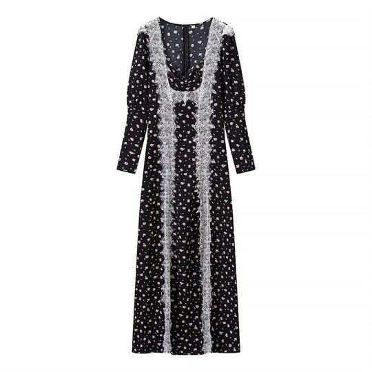 Damen Langärmeliges Maxikleid mit Spitzenborten, tiefem V‑Ausschnitt und floralem Alloverprint Shop Nory
