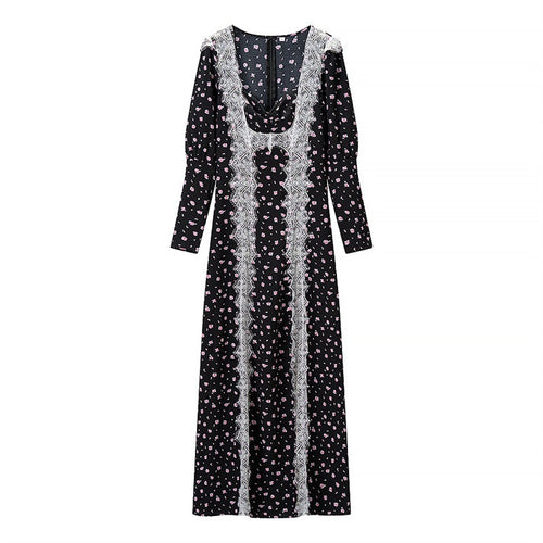 Damen Langärmeliges Maxikleid mit Spitzenborten, tiefem V‑Ausschnitt und floralem Alloverprint Shop Nory
