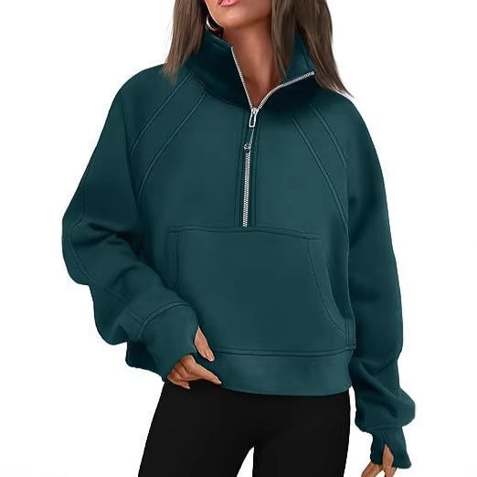 Damen nan weit geschnittenes Kurzpullover mit Stehkragen, halbem Reißverschluss und Kängurutasche Shop Nory