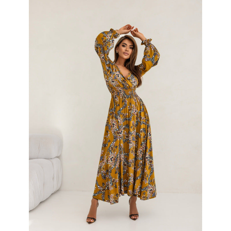 Damen Maxikleid mit tiefem V-Ausschnitt und voluminösen Ärmeln