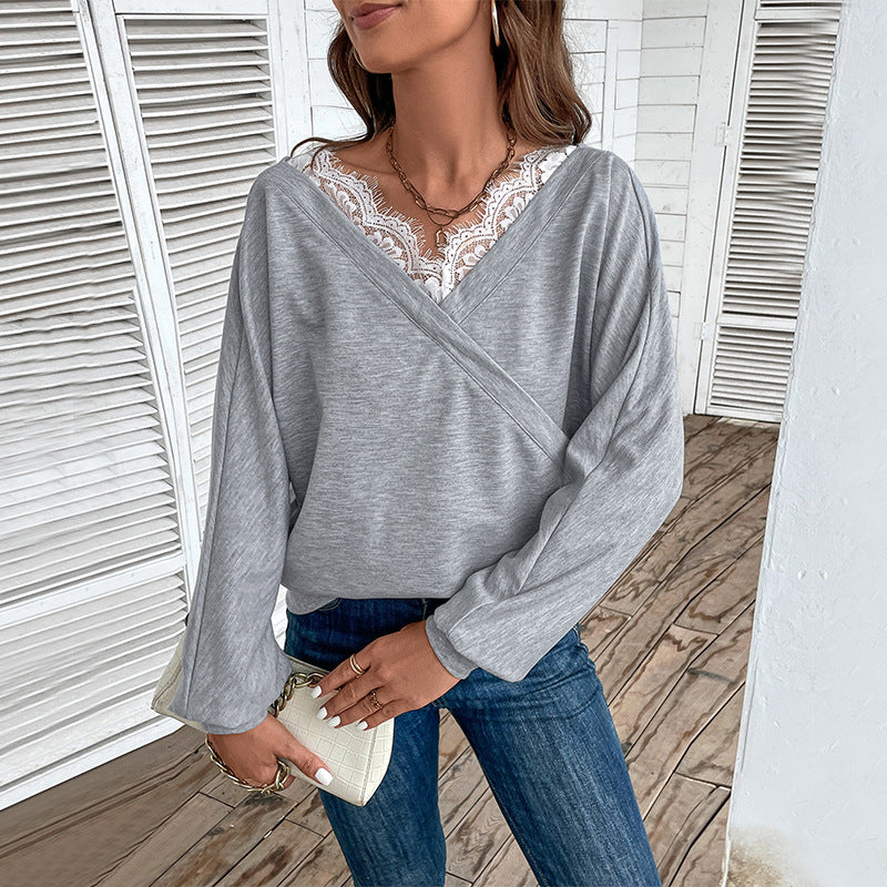 Damen Lässiges Oversize-Sweatshirt mit Wickeloptik und Spitzeneinsatz Shop Nory