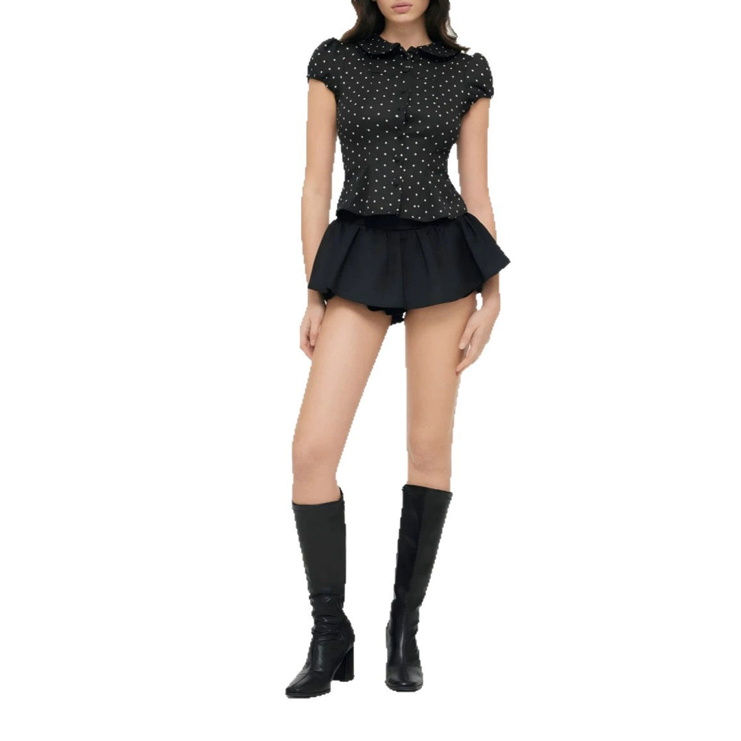 Damen Karo-Bluse mit Bubikragen, Taillierter Peplum-Silhouette und Puffärmeln Shop Nory