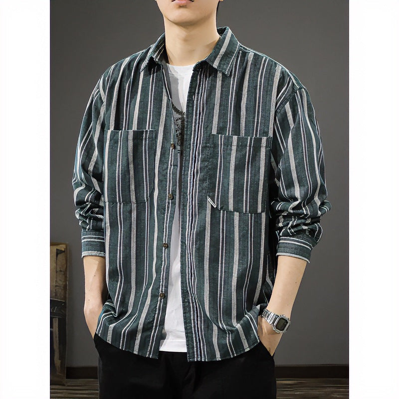 Herren Oversized Breitcord-Hemdjacke mit vertikaler Streifenstruktur und aufgesetzten Brusttaschen Shop Nory