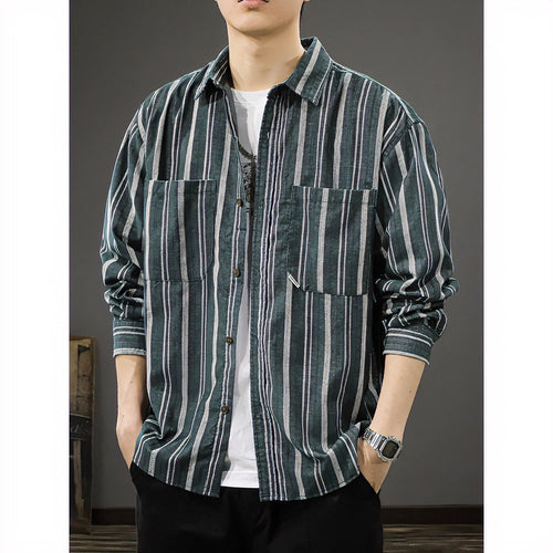Herren Oversized Breitcord-Hemdjacke mit vertikaler Streifenstruktur und aufgesetzten Brusttaschen Shop Nory