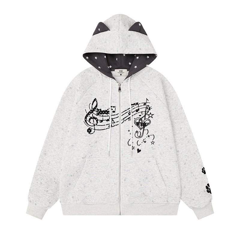 Damen Zip-Kapuzenjacke mit Musikprint, 3D-Ohrenkapuze und Pfoten-Applikation Shop Nory