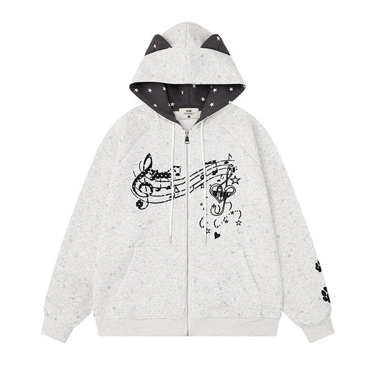 Damen Zip-Kapuzenjacke mit Musikprint, 3D-Ohrenkapuze und Pfoten-Applikation Shop Nory