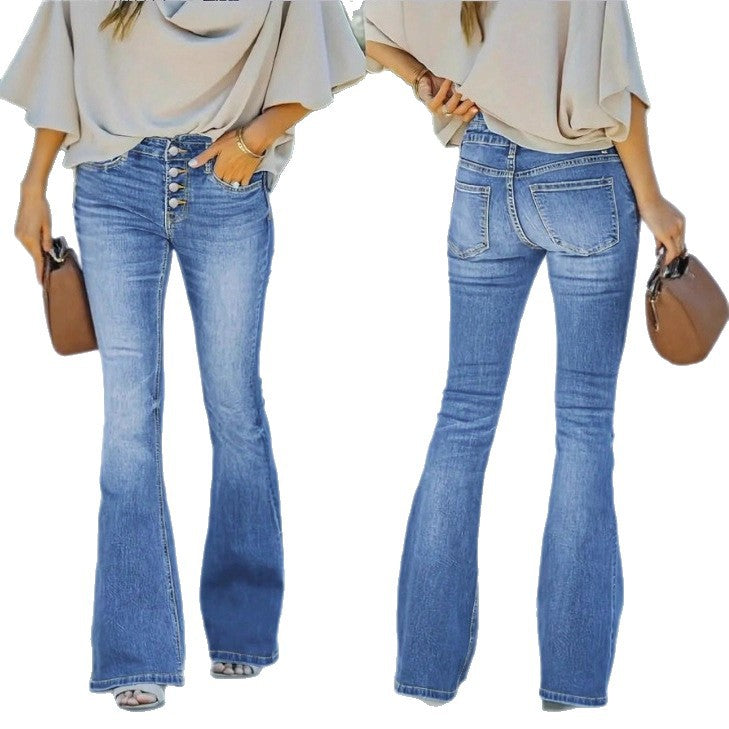 Damen taillenhohe Schlagjeans mit dekorativer Knopfleiste und sculptendem Sitz Shop Nory