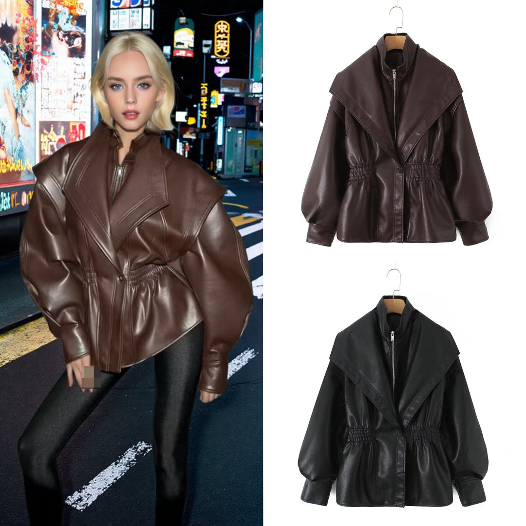 Damen Kunstlederjacke mit XXL-Schalkragen, Taillengummierung und Ballonärmeln Shop Nory